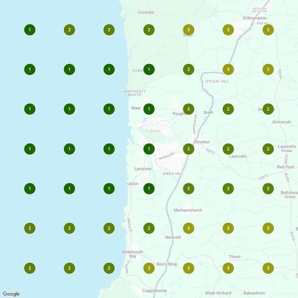 LocalFalcon map grid for counsellor bude, 5 August 2026