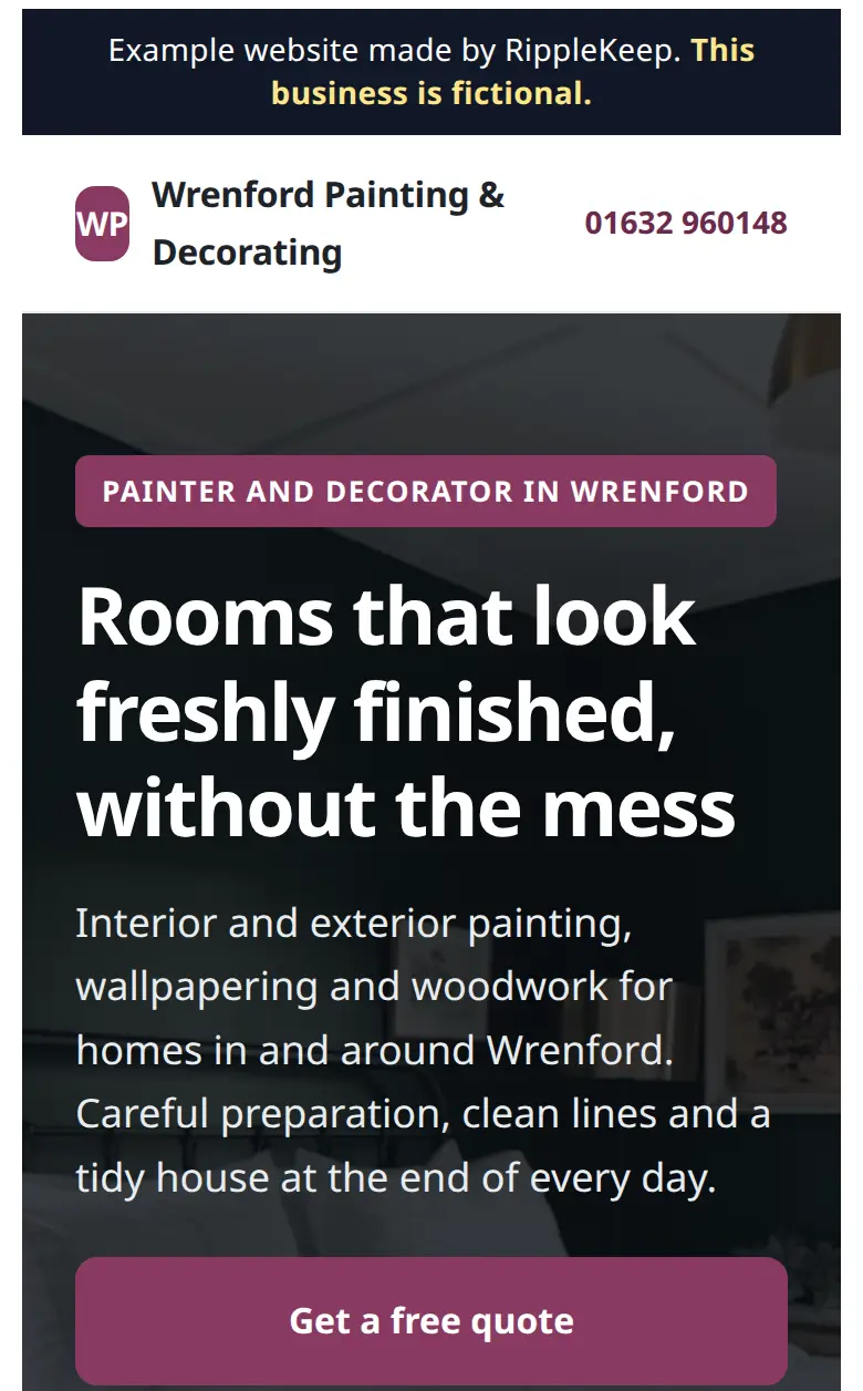 Phone view of the example website for Wrenford Painting and Decorating, a fictional painting and decorating business