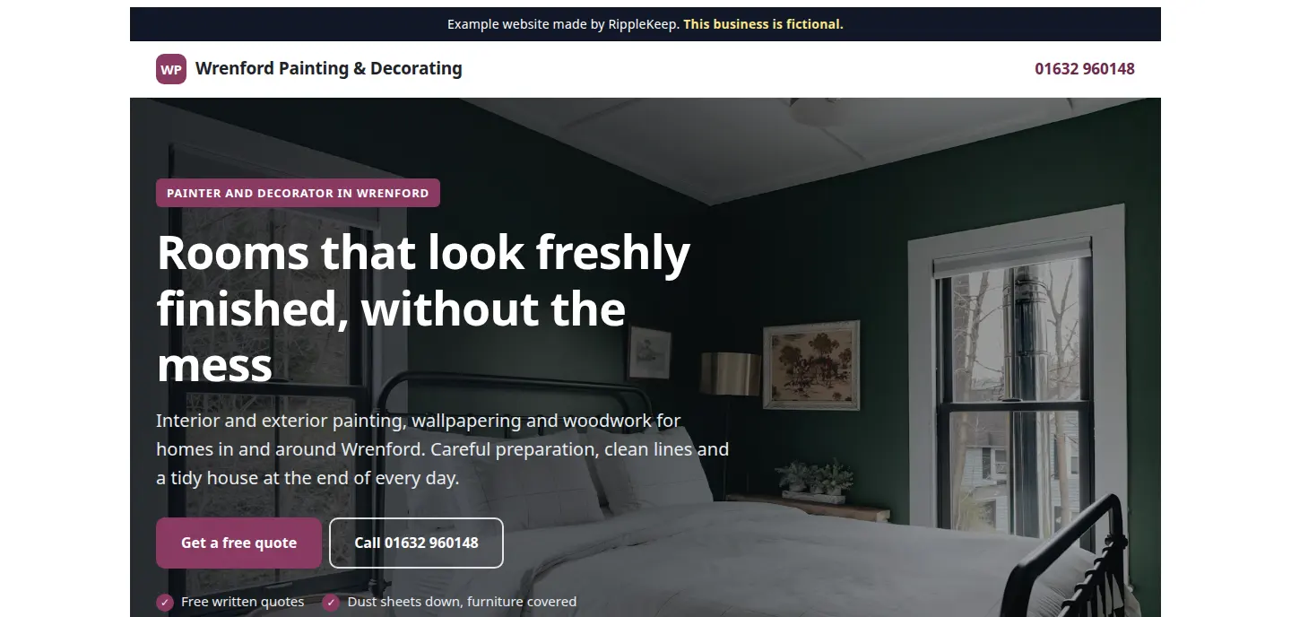 Laptop view of the example website for Wrenford Painting and Decorating, a fictional painting and decorating business