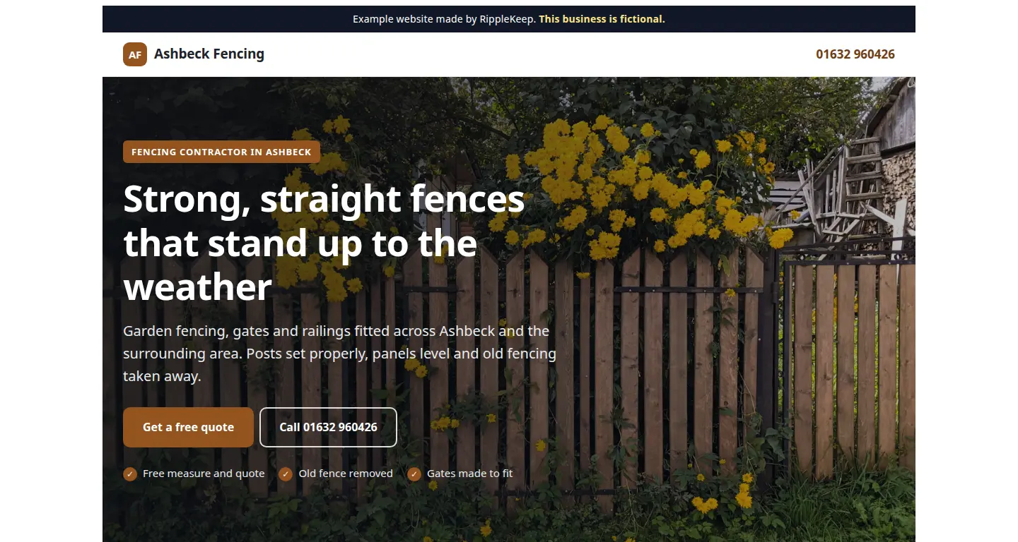 Example website for Ashbeck Fencing, a fictional fencing business
