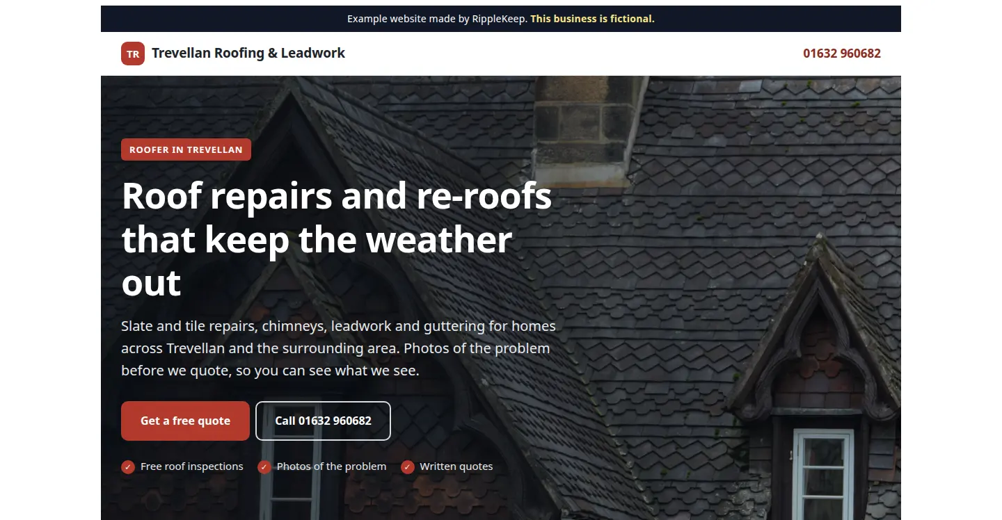 Example website for Trevellian Roofing and Leadwork, a fictional roofing business