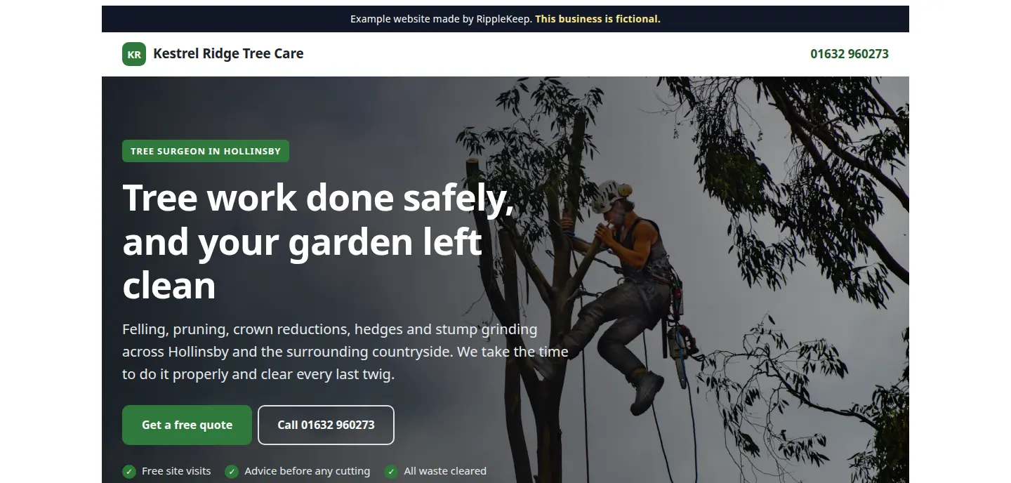 Example website for Kestrel Ridge Tree Care, a fictional tree surgery business