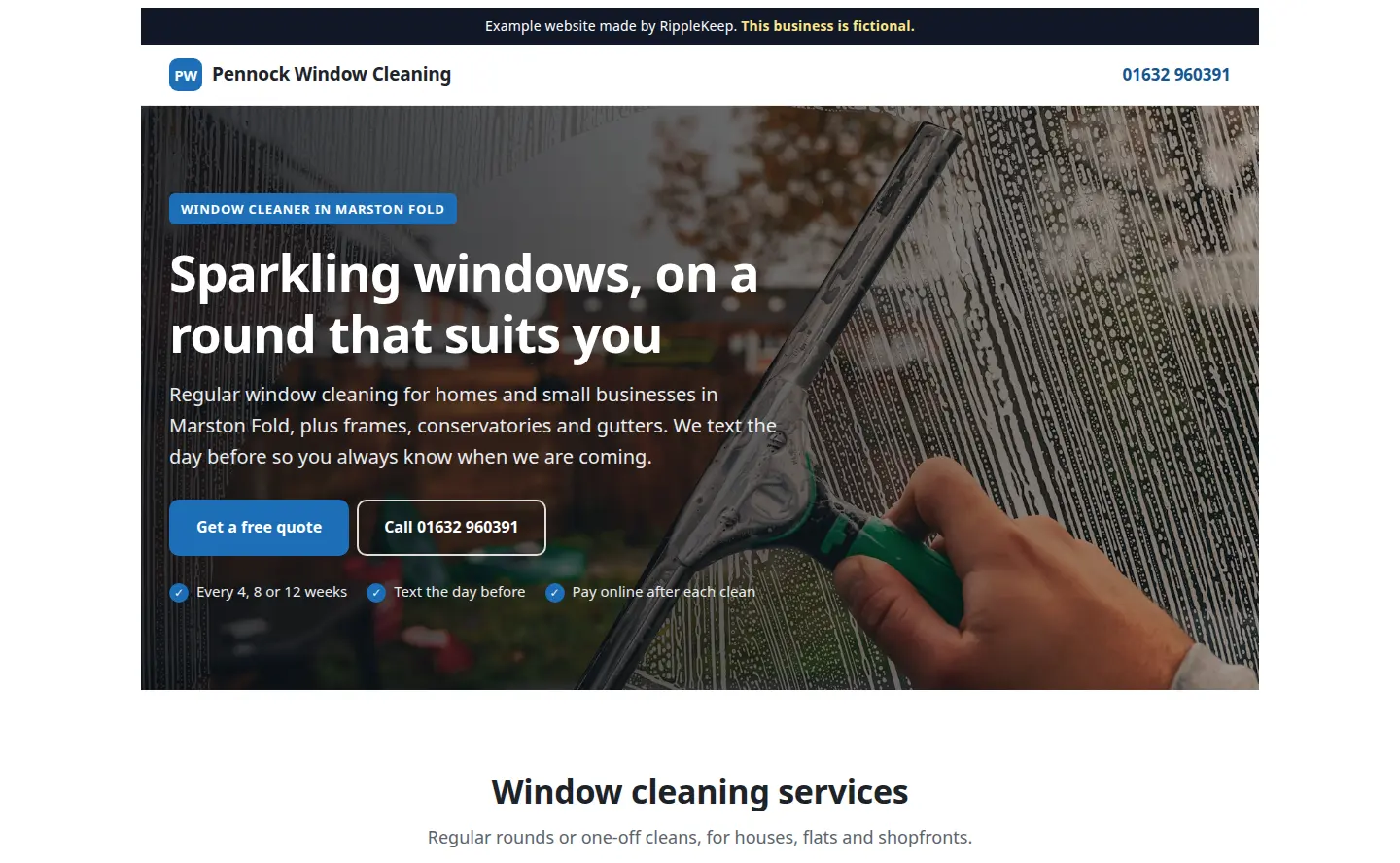Example website for Pennock Window Cleaning, a fictional window cleaning business